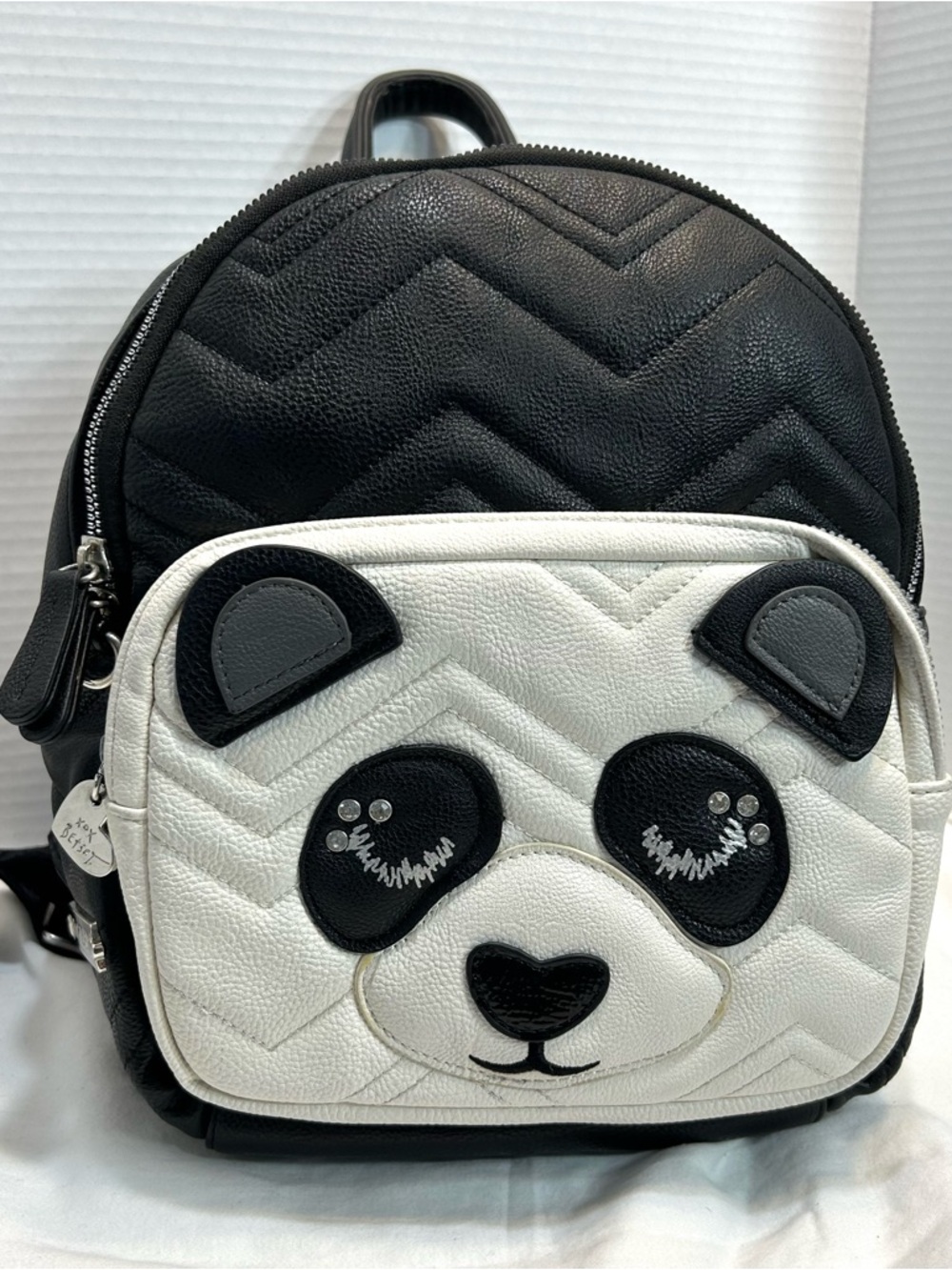 Betsey Johnson LUV Black & White Panda Bear Quilted Backpack Monogram Lining EUC